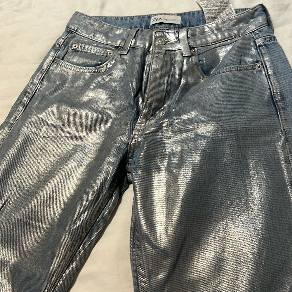 Silver coated wide leg blue jeans size 2